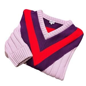Kule Yale Women’s Sweater Pullover V Neck Pink Red Purple Ribbed Varsity XL
